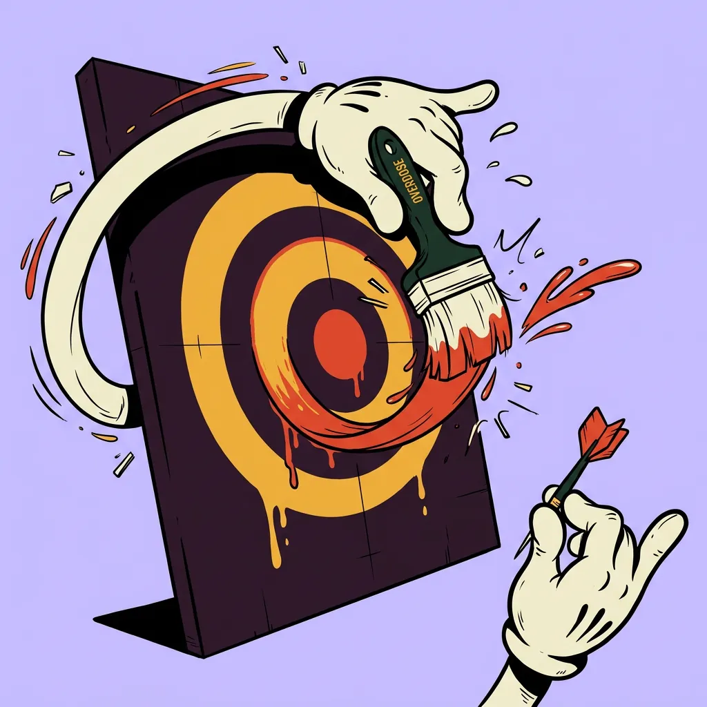 Cartoon hands painting a bullseye target and aiming a dart at it