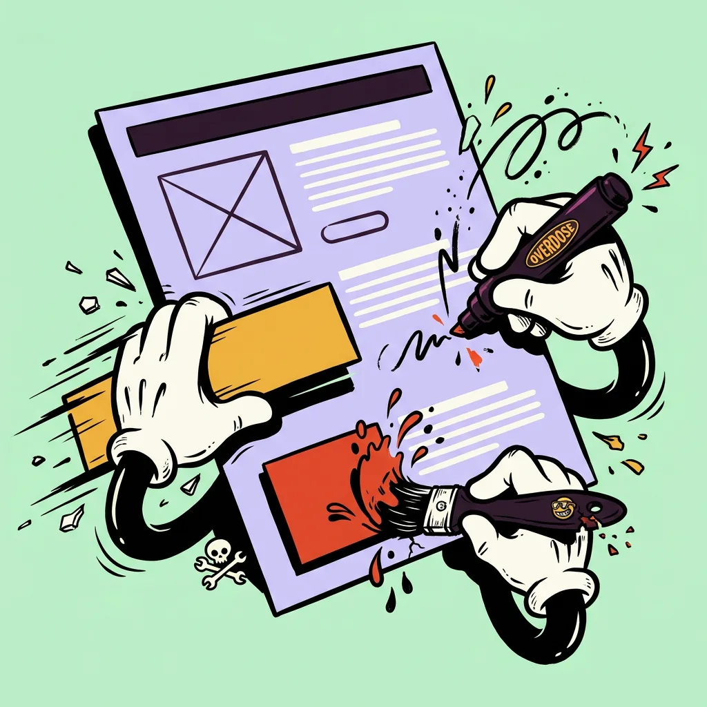 Cartoon hands sketching a wireframe page with a marker and a paintbrush
