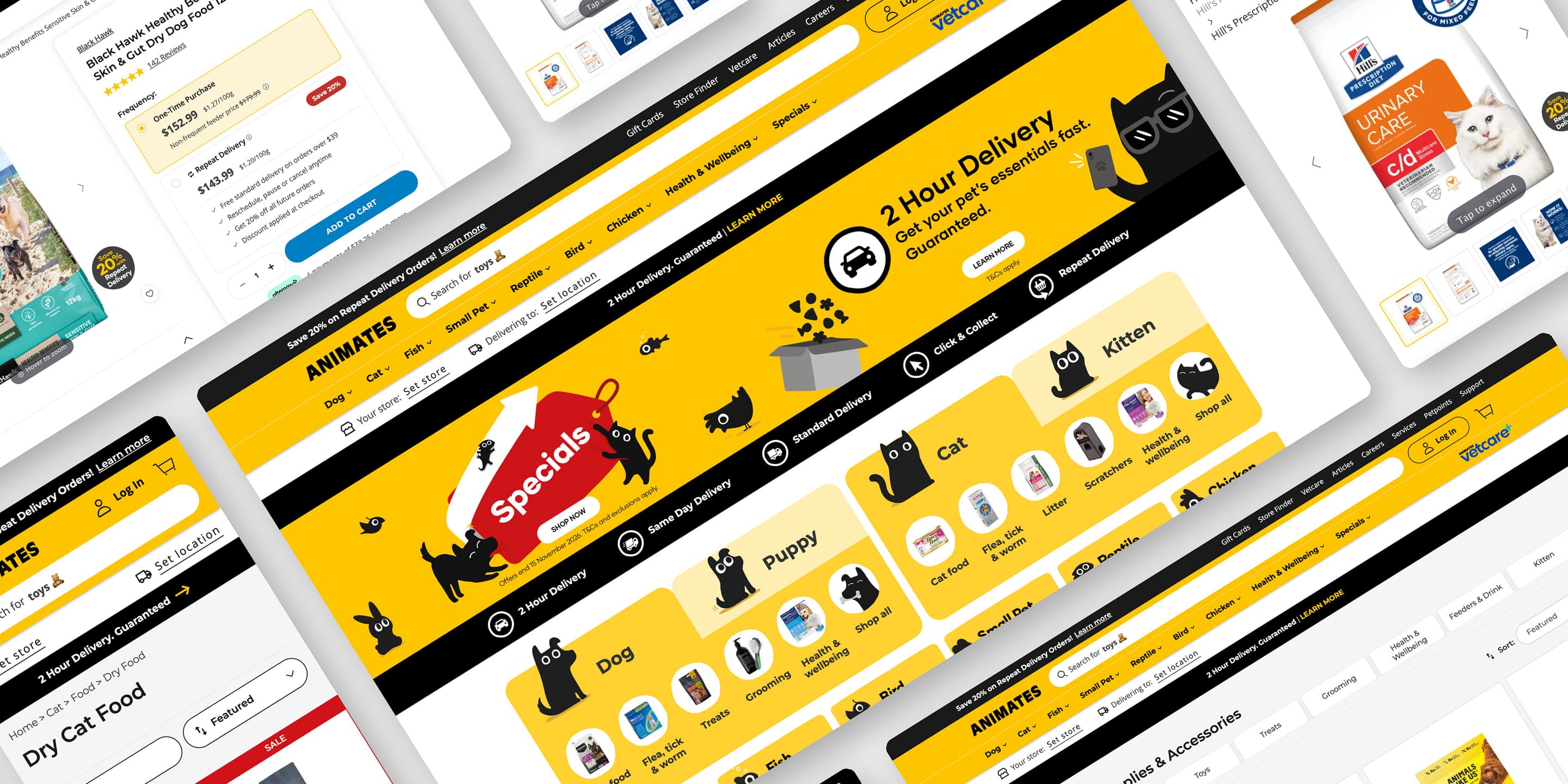 Animates website screens: homepage, product and category pages