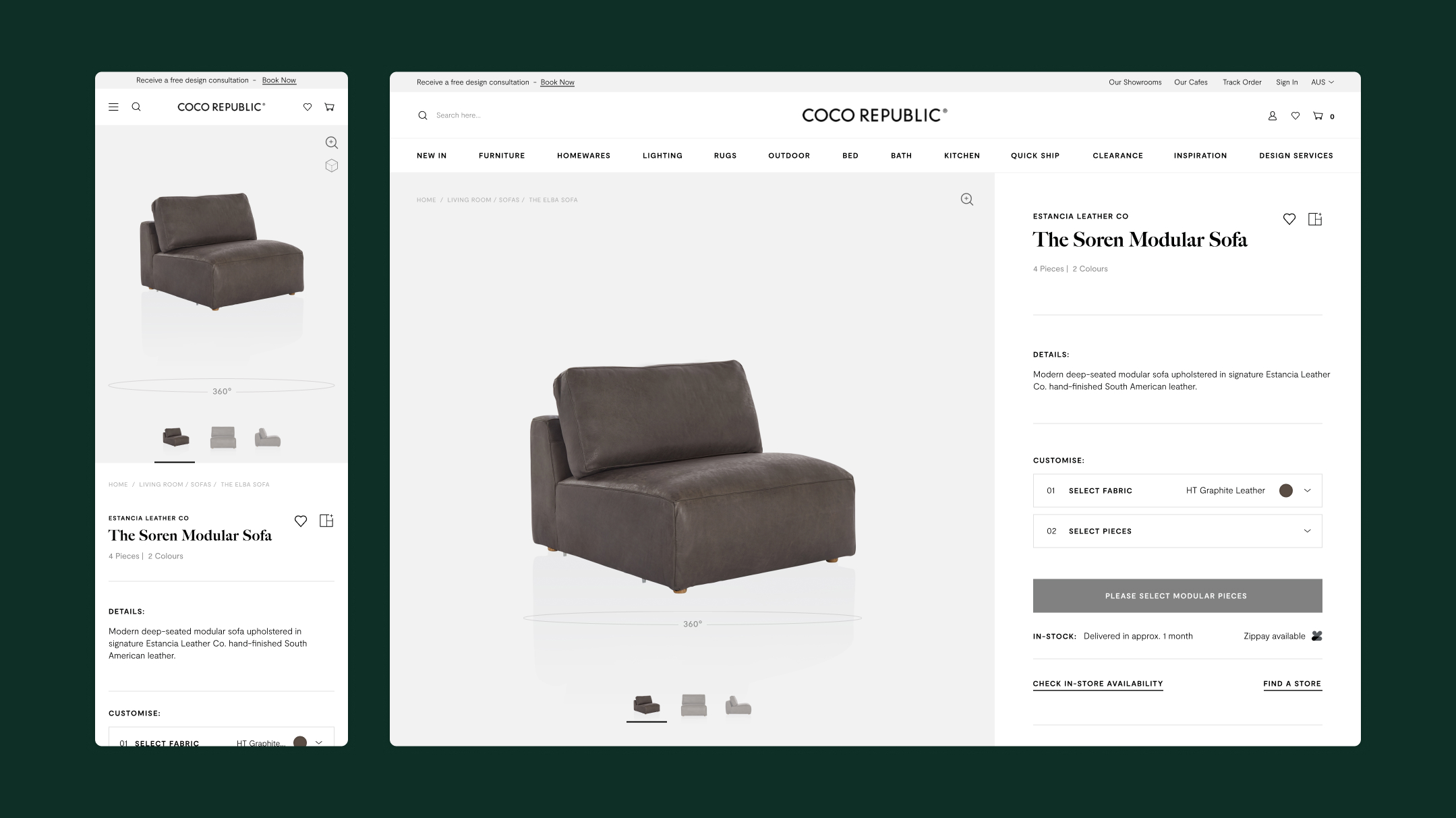 Coco Republic product page design on mobile and desktop, showing a modular leather sofa.
