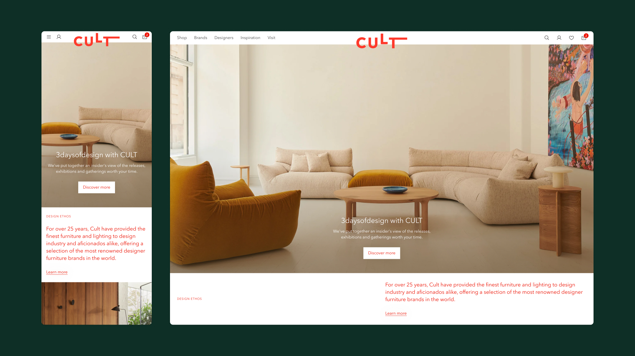Cult homepage design on mobile and desktop, with a lifestyle hero of a modular sofa.