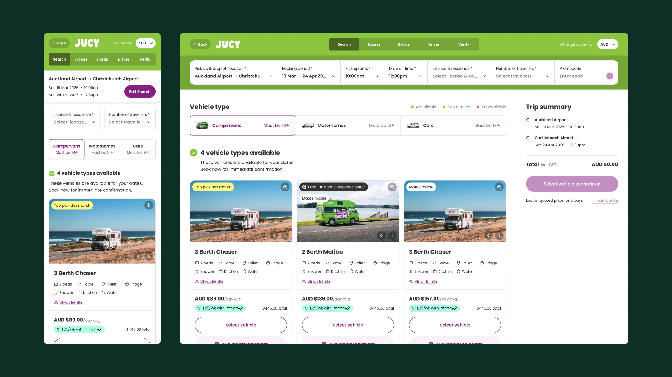 Jucy campervan booking flow design on mobile and desktop, showing vehicle options and prices.