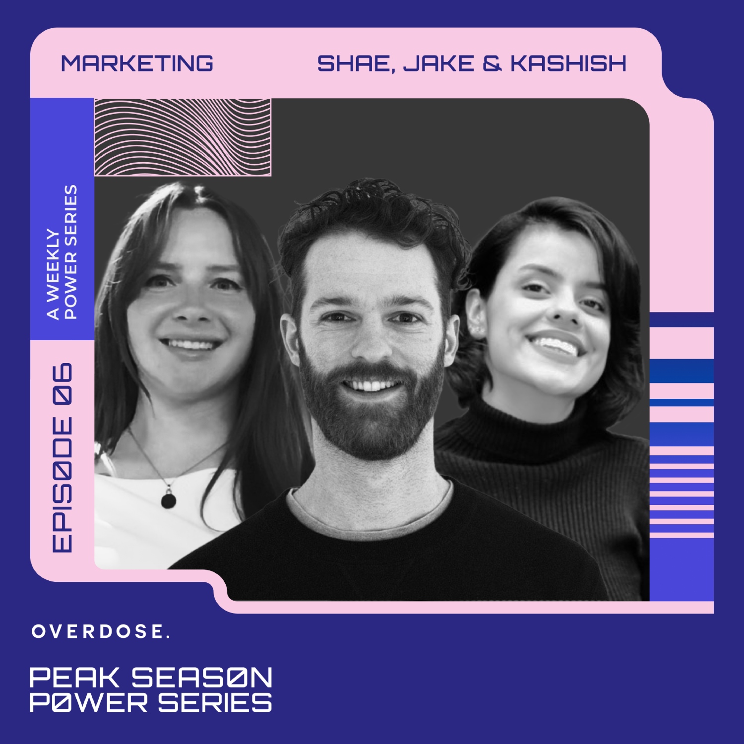 Peak Season Power Series marketing episode artwork with three presenters, in pink and purple.