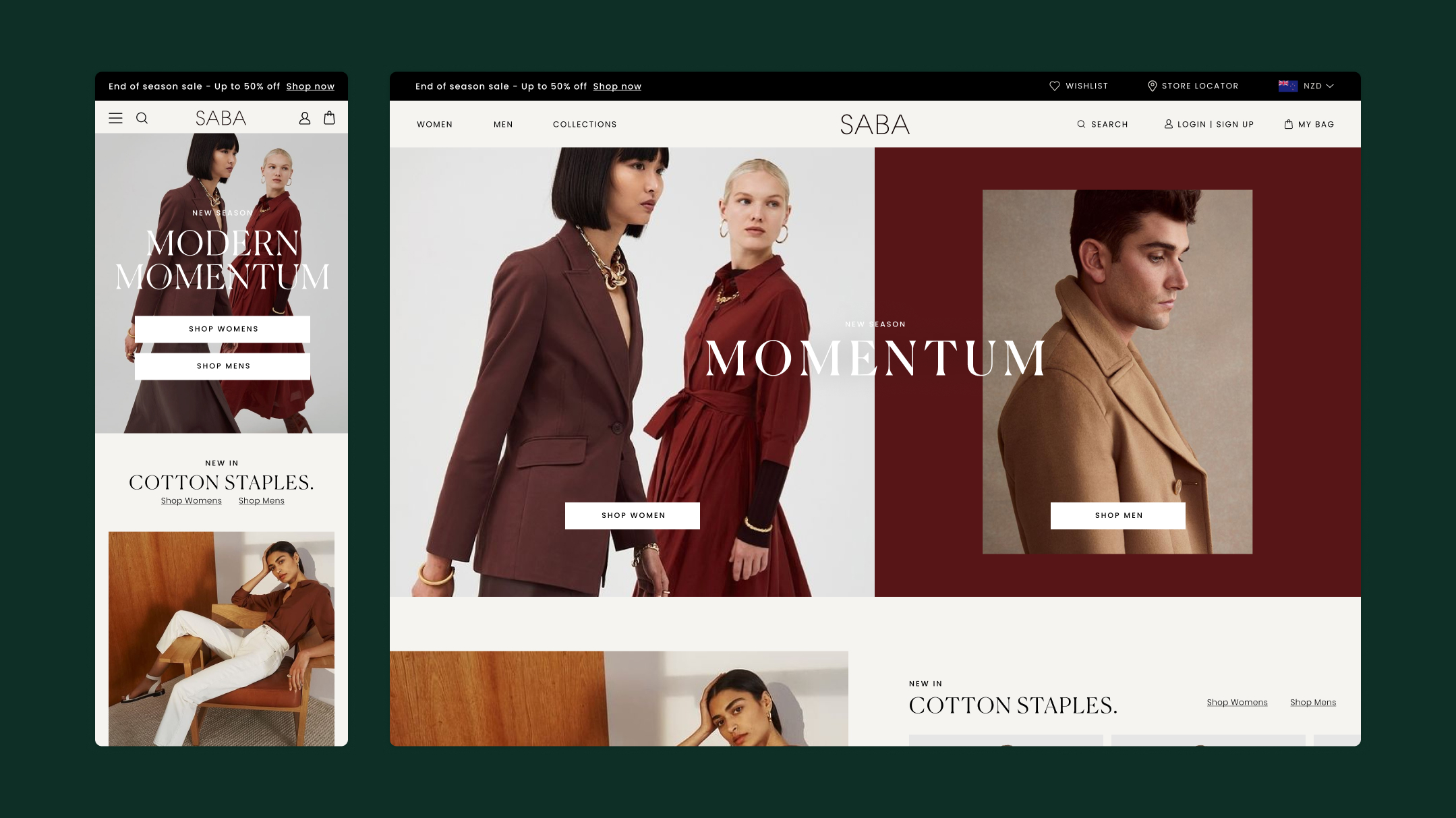 Saba homepage design on mobile and desktop, with a split womenswear and menswear hero.