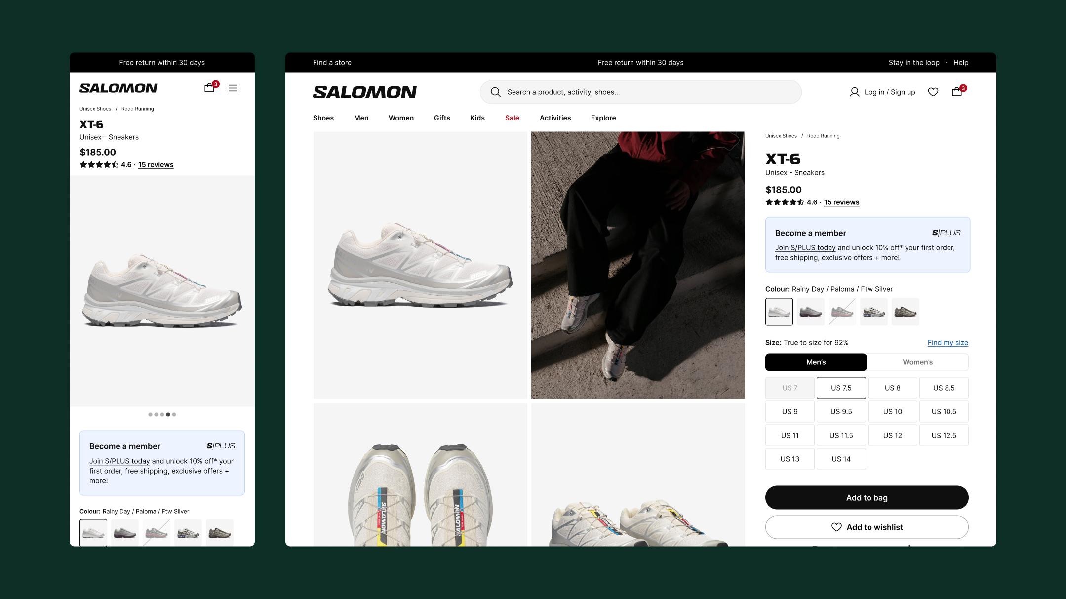 Salomon XT-6 sneaker product page design on mobile and desktop.