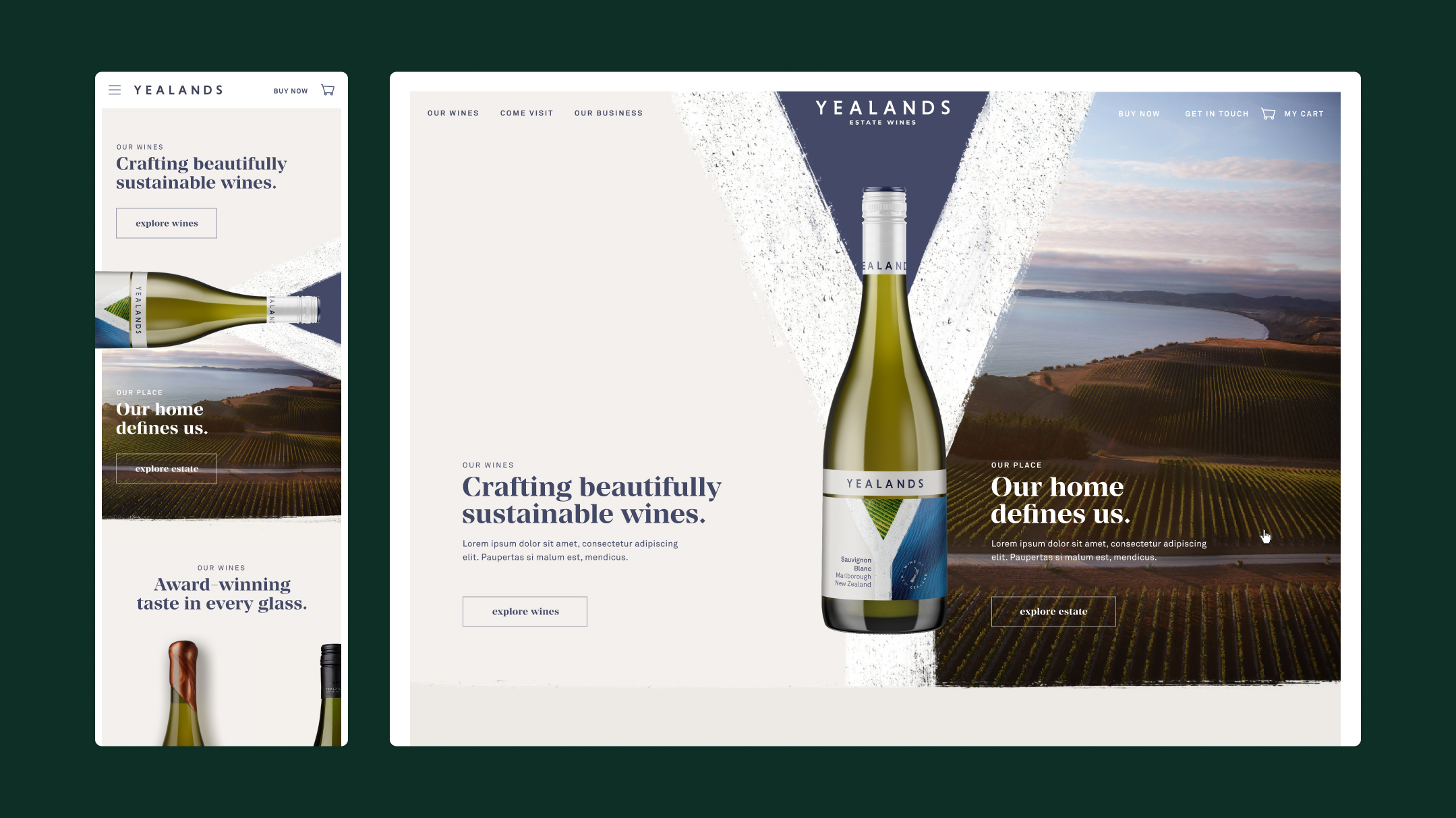 Yealands wine homepage design on mobile and desktop, with a bottle against a vineyard view.